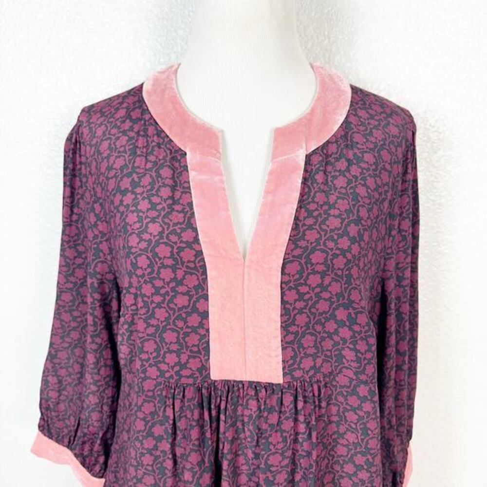 Boden Womens Annabelle Velvet Trim Split‎ Neck Blouse Top Burgundy Floral Size 8 - Picture 3 of 13